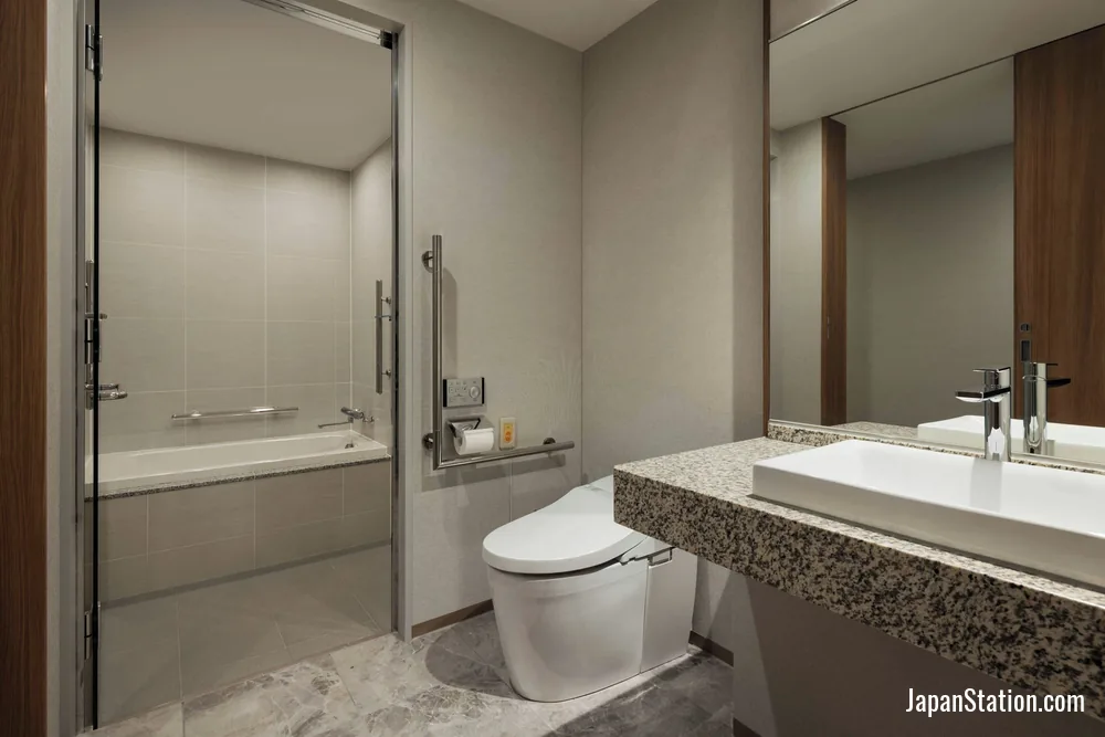 Bathroom in a guest room at Courtyard by Marriott Kyoto Shijo Karasuma.