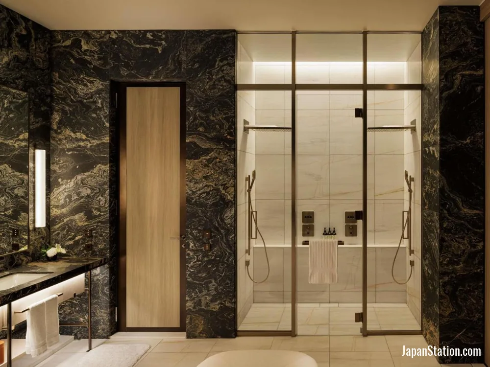 Bathroom in a guest room at Fairmont Tokyo.