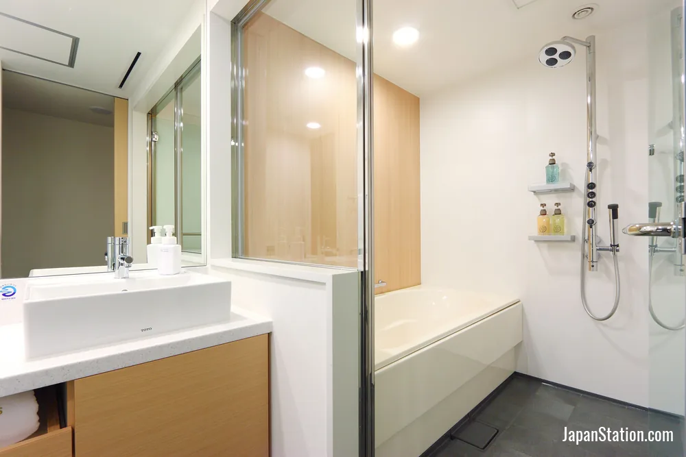 Bathroom in a guest room at Hakata Tokyu REI Hotel.