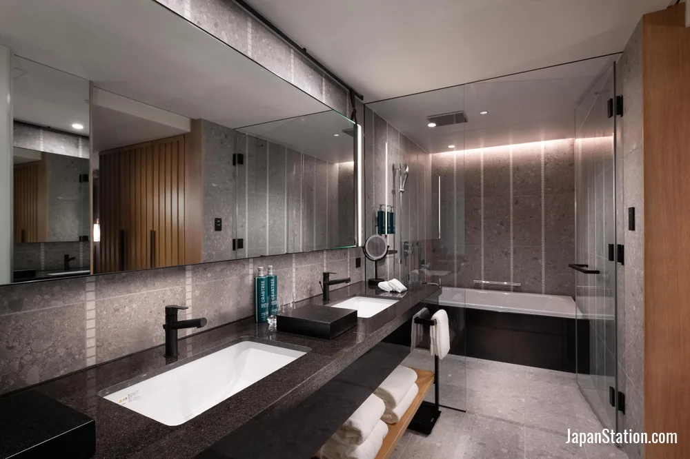 Bathroom in a guest room at Hilton Kyoto.