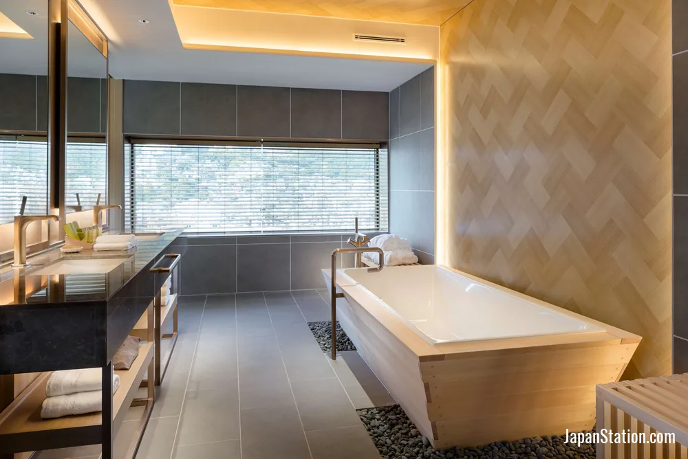 Bathroom in a guest room at Hilton Nagasaki.