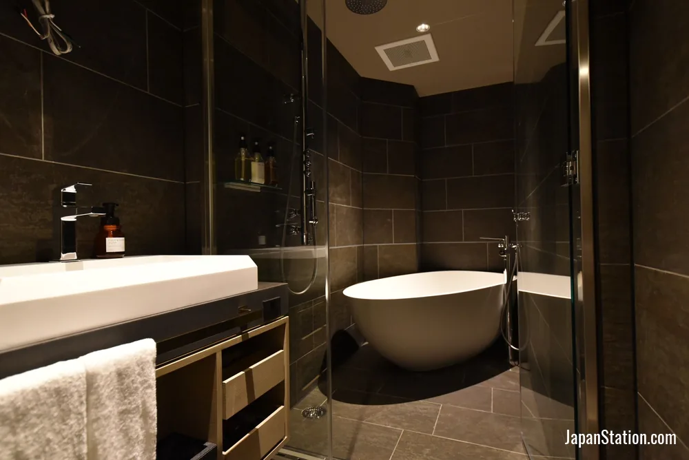 Bathroom in a guest room at Hotel Cordia Osaka Hommachi.