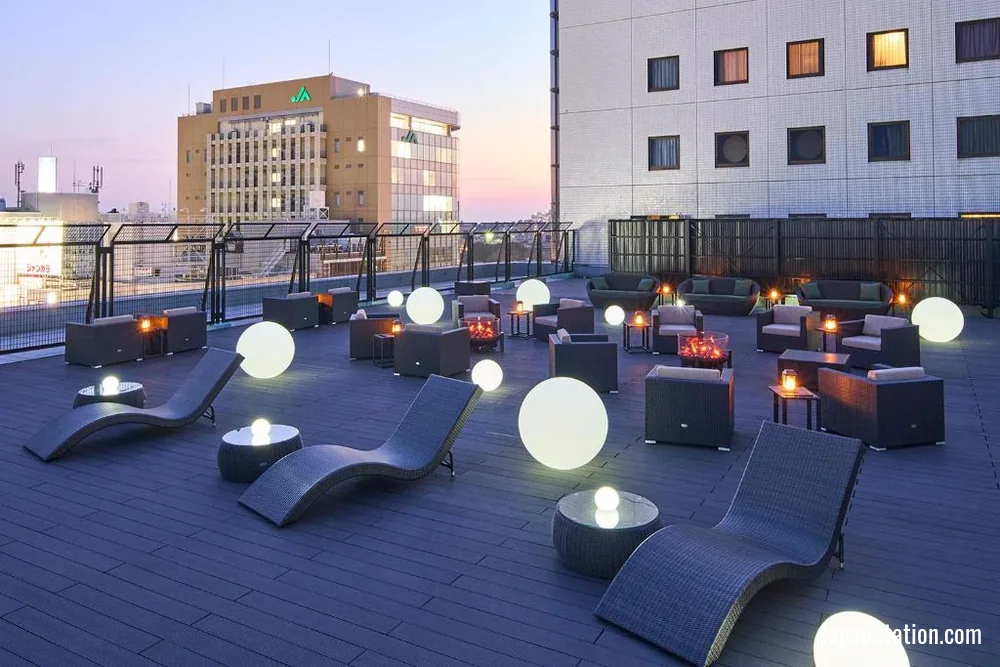 Terrace seating at Hotel Granvia Wakayama.