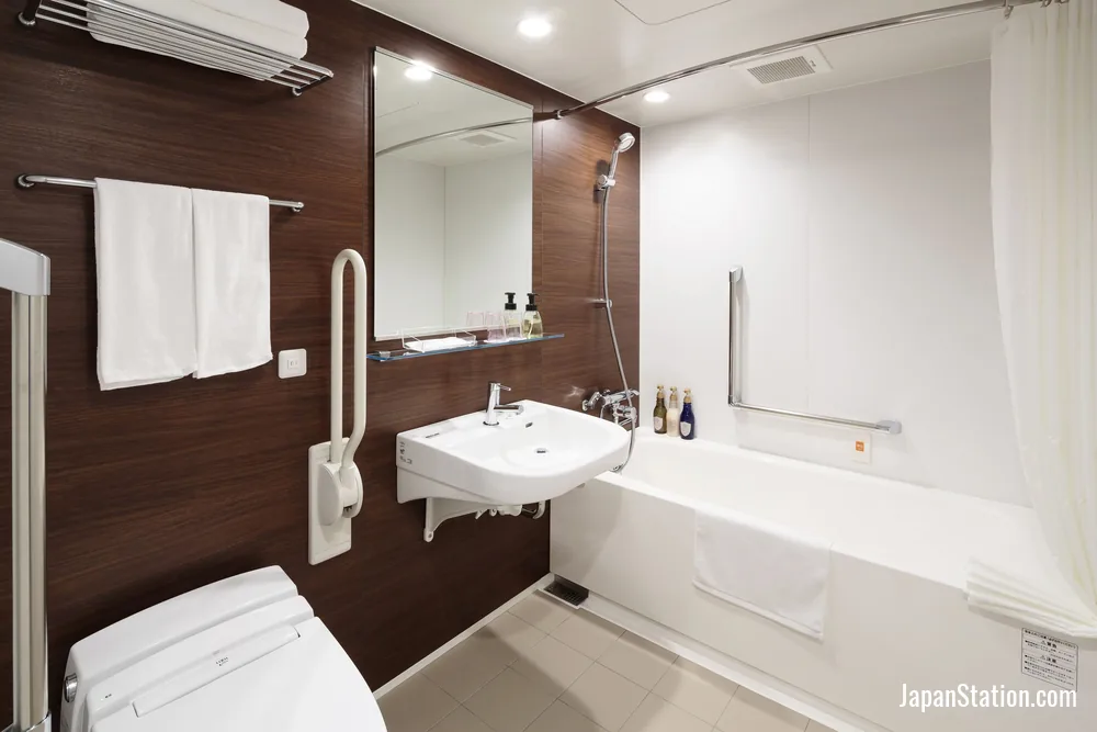 Bathroom in a guest room at HOTEL MYSTAYS Fuji Onsen Resort.