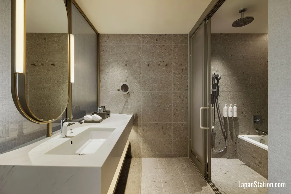 Bathroom in a guest room at Nagasaki Marriott Hotel.