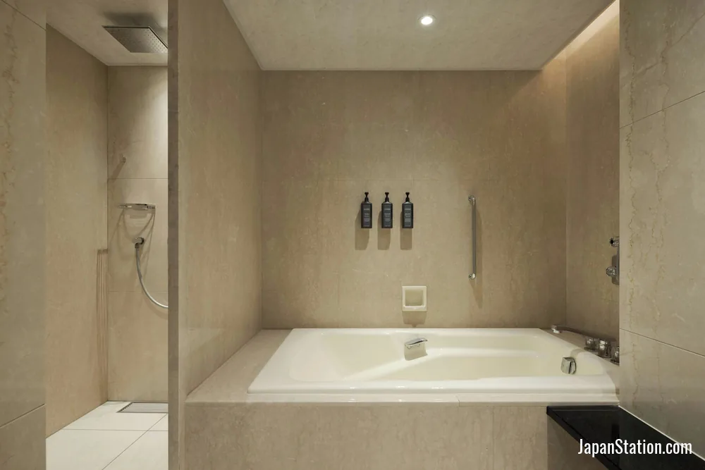 Bathroom in a guest room at Sheraton Miyako Hotel Osaka.