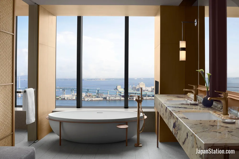 Bathroom in a guest room at The Ritz-Carlton, Fukuoka.