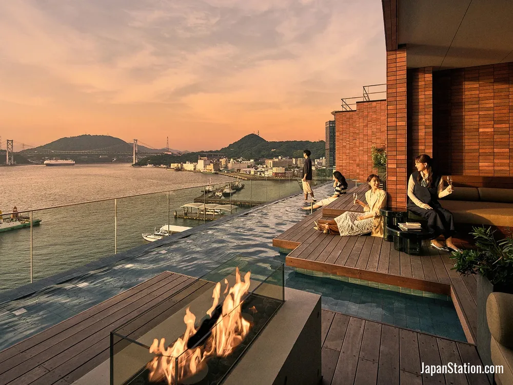 View from the rooftop terrace at BEB5 Mojiko by Hoshino Resorts.